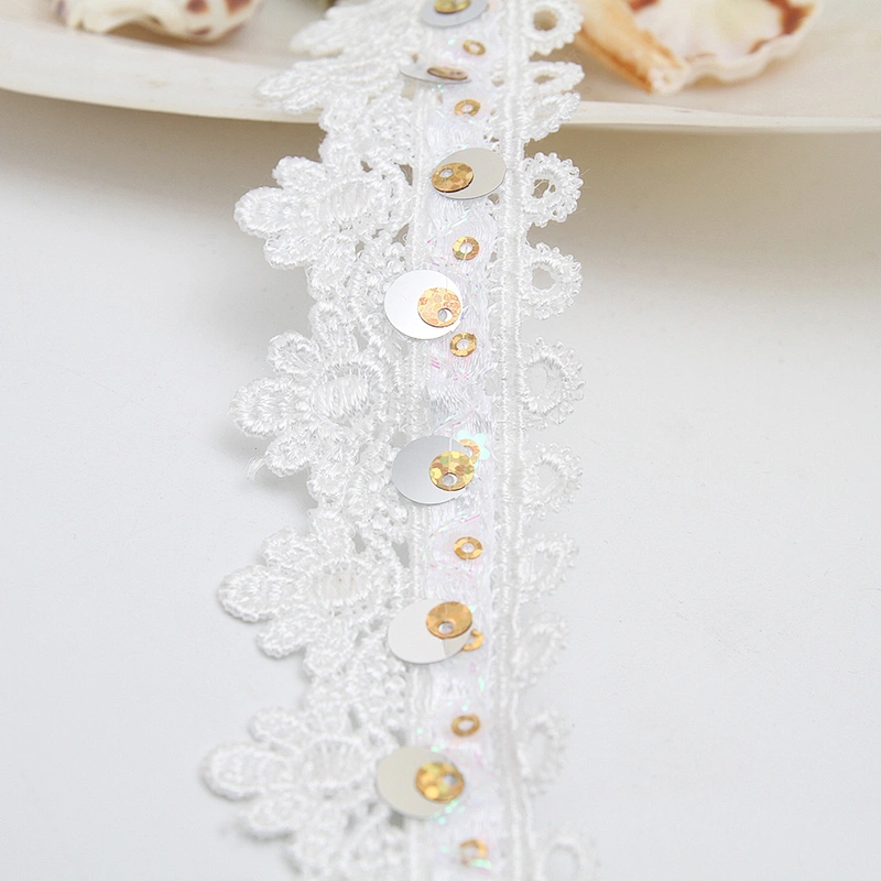 Wholesale sequins Lace Trim Water soluble lace white bridal lace trim Embroidery Sequin Tape For Dress cheap