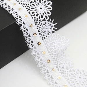 Wholesale sequins Lace Trim Water soluble lace white bridal lace trim Embroidery Sequin Tape For Dress cheap
