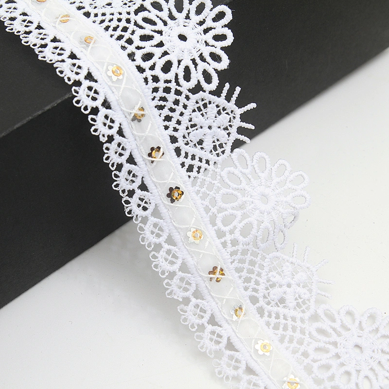 Wholesale sequins Lace Trim Water soluble lace white bridal lace trim Embroidery Sequin Tape For Dress cheap
