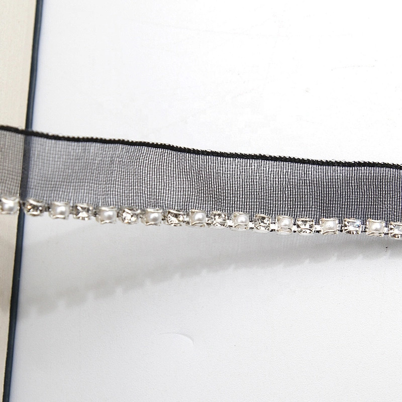 Wholesale Chain lace trim pearl rhinestone 1.1 cm Sew-On lace trim Polyester net mesh Lace trimmings for clothes  Accessories