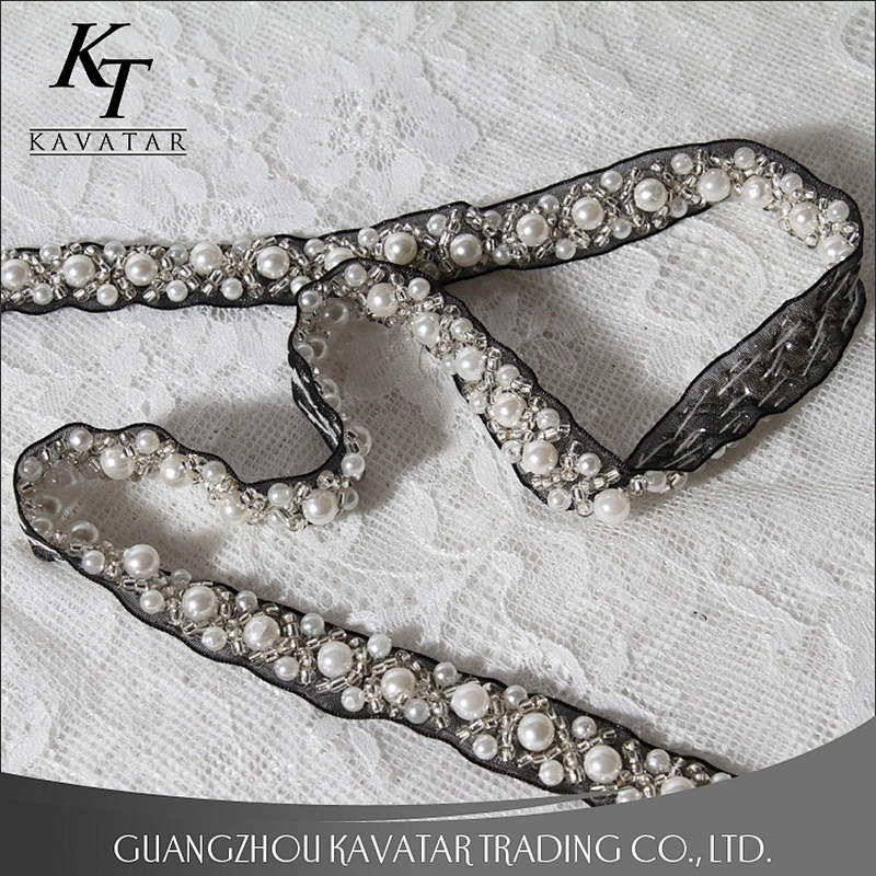 Fashion Beaded Pearls Cross-over Design Lace Trim For Wedding Dress