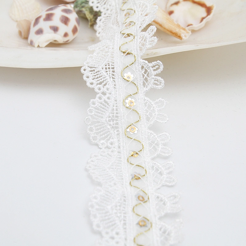 Wholesale sequins Lace Trim Water soluble lace white bridal lace trim Embroidery Sequin Tape For Dress cheap