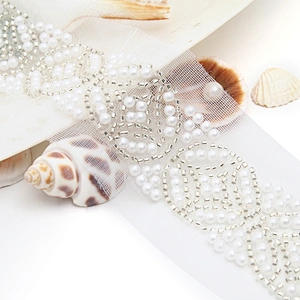 Wholesale Embroidery beaded lace trim 7.1 cm Mesh fabric lace trims beautiful Accessories for dress 3D wedding Designer