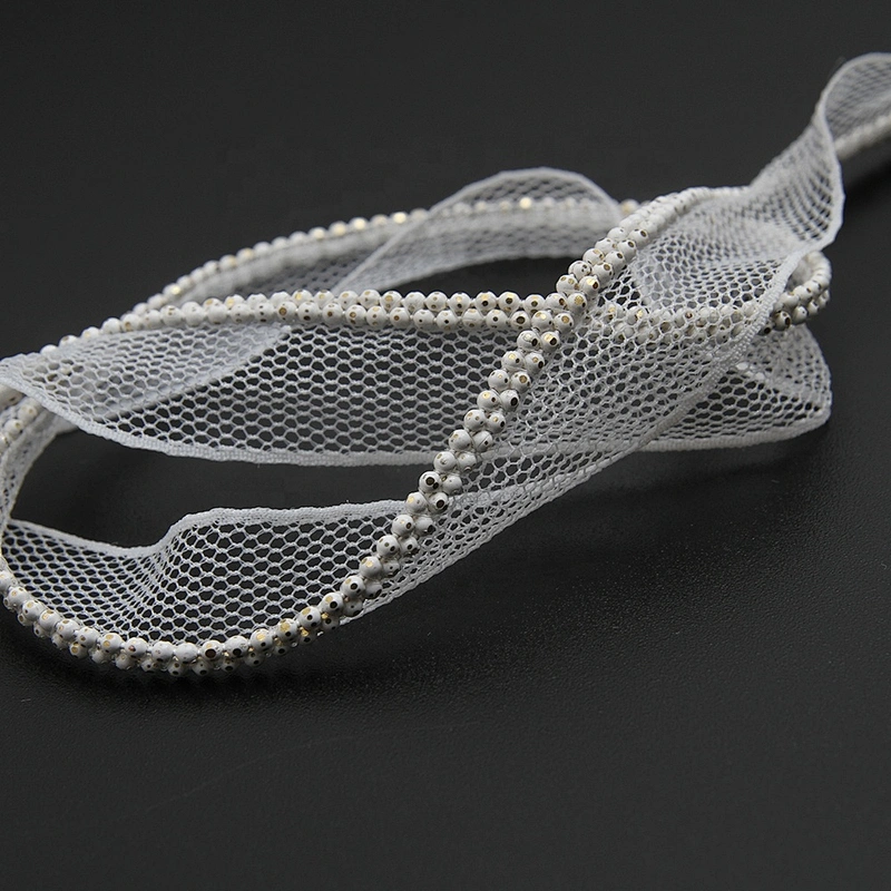 Wholesale Chain lace trim beaded 1.3 cm Sew-On lace trim Polyester net mesh Lace trimmings wedding for clothes  Accessories