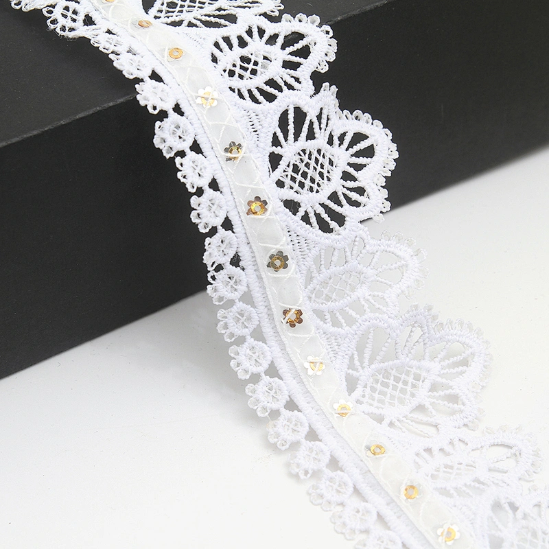 Wholesale sequins Lace Trim Water soluble lace white bridal lace trim Embroidery Sequin Tape For Dress cheap