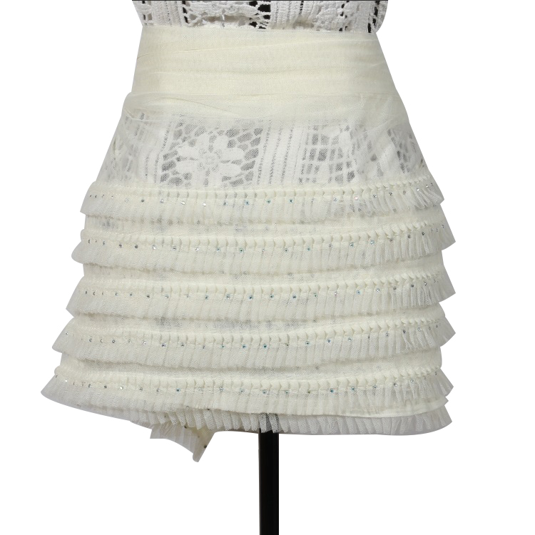 White mesh layers ruffle sequin lace fabric dress material