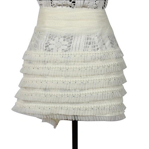 White mesh layers ruffle sequin lace fabric dress material