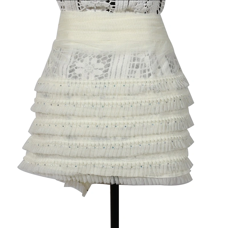 White mesh layers ruffle sequin lace fabric dress material