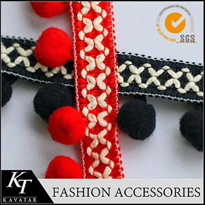 Red cotton pompom fringe trim for garments decoration