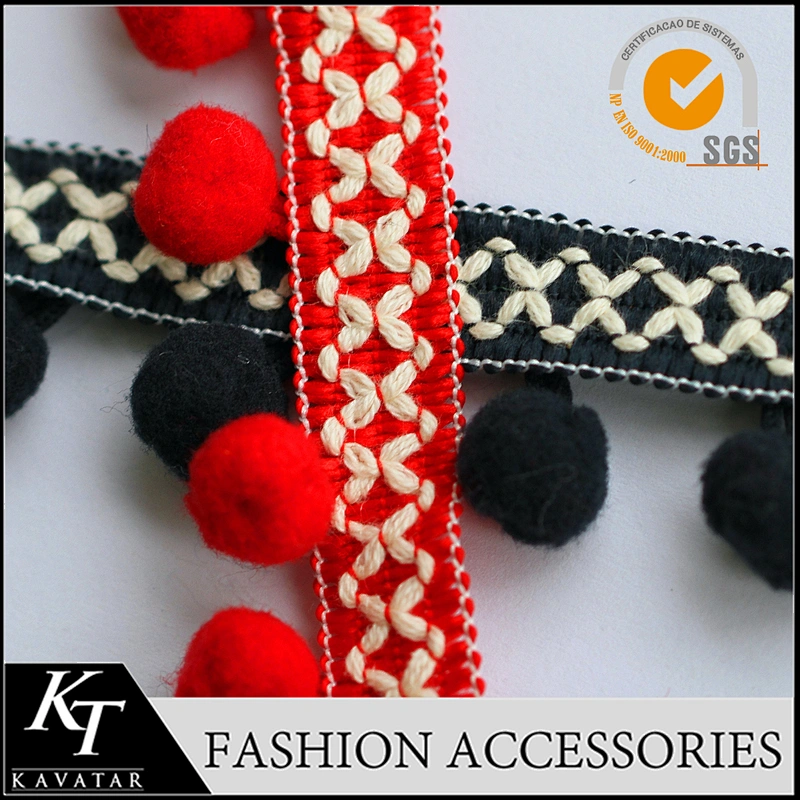 Red cotton pompom fringe trim for garments decoration