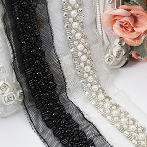 Bugle crystal black bead pearl heavy bead bridal sash  jewelry pearl beading luxury trim