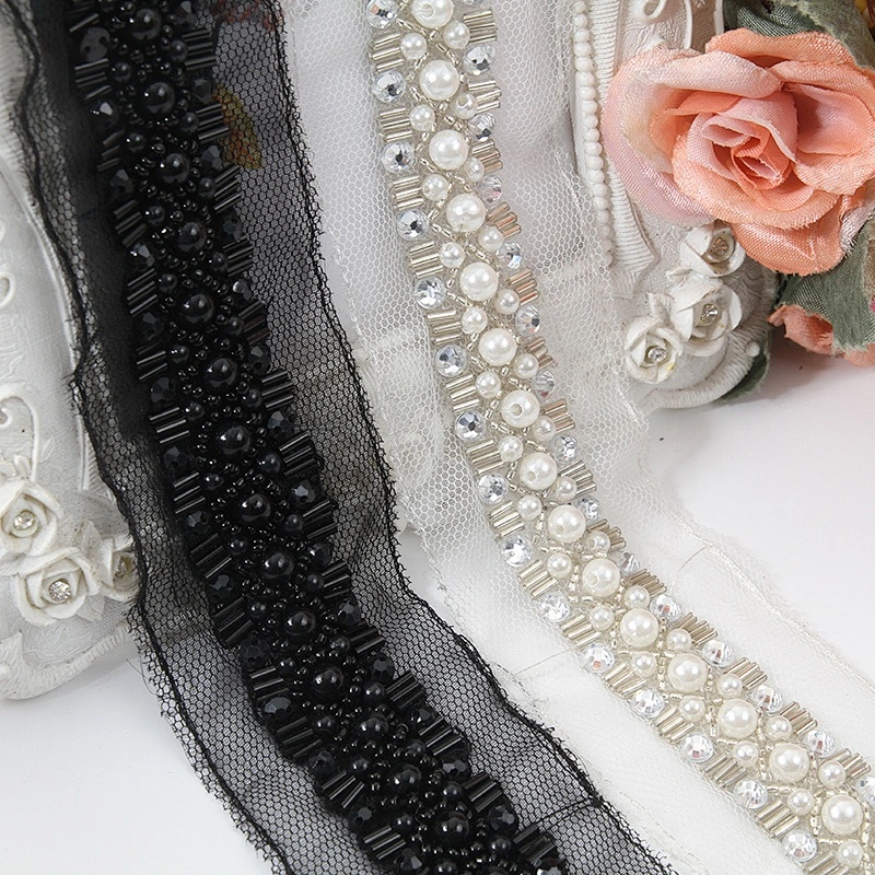 Bugle crystal black bead pearl heavy bead bridal sash  jewelry pearl beading luxury trim
