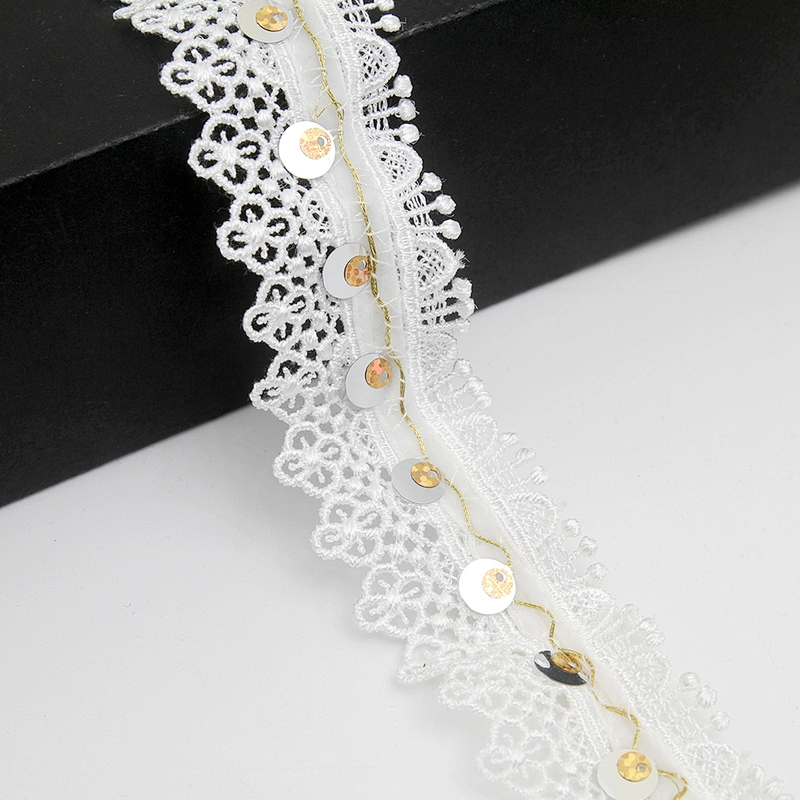 Wholesale sequins Lace Trim Water soluble lace white bridal lace trim Embroidery Sequin Tape For Dress cheap