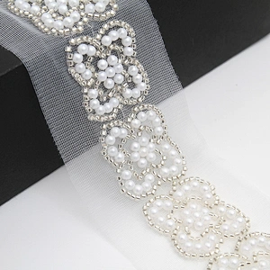 Wholesale Embroidery beaded lace trim 5.8 cm Mesh fabric lace trims beautiful White Accessories for dress 3D wedding Designer