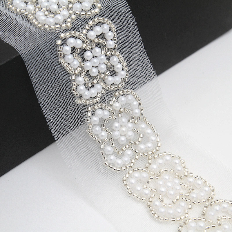 Wholesale Embroidery beaded lace trim 5.8 cm Mesh fabric lace trims beautiful White Accessories for dress 3D wedding Designer