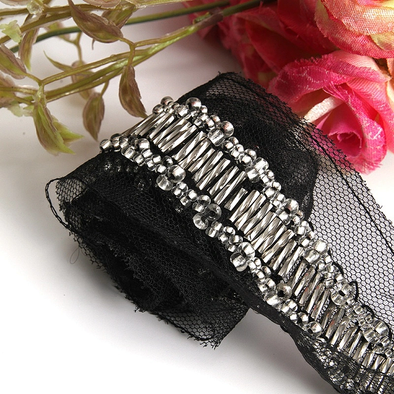 Fancy lace trim customize color glass tube lace beaded rhinestone lace trim