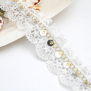Wholesale sequins Lace Trim Water soluble lace white bridal lace trim Embroidery Sequin Tape For Dress cheap
