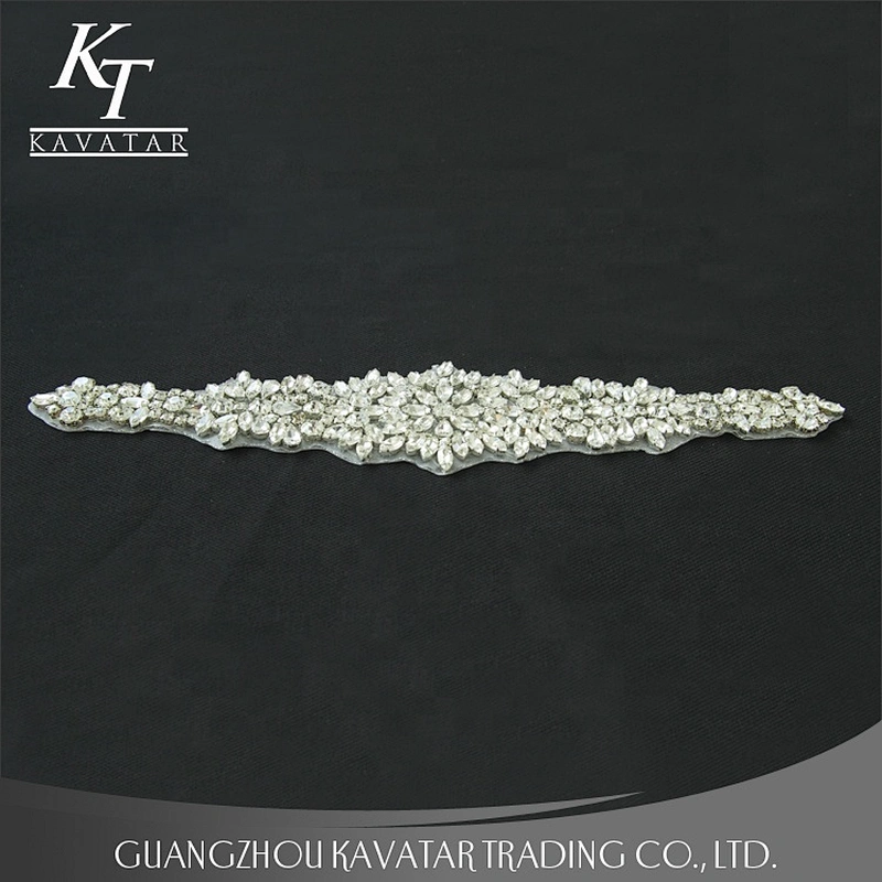 Kavatar Hot Sale Neckline Sew On Fabric  Applique rhinestone  bling Crystal belt for Bridal Dress Accessories