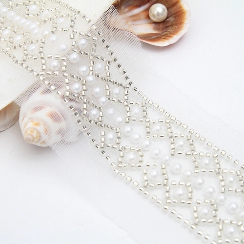 Wholesale Embroidery beaded lace trim 5.8 cm Mesh fabric lace trims beautiful White Accessories for dress 3D wedding Designer