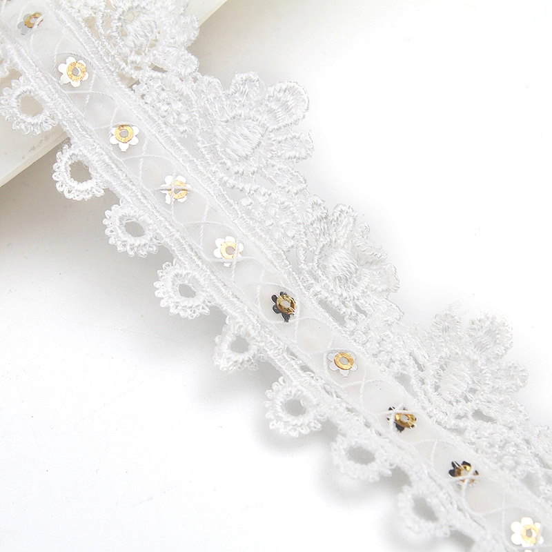 Wholesale sequins Lace Trim Water soluble lace white bridal lace trim Embroidery Sequin Tape For Dress cheap