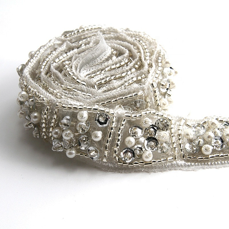 Bride glass beaded lace beaded sequin pearl lace trimmings for wedding dressing