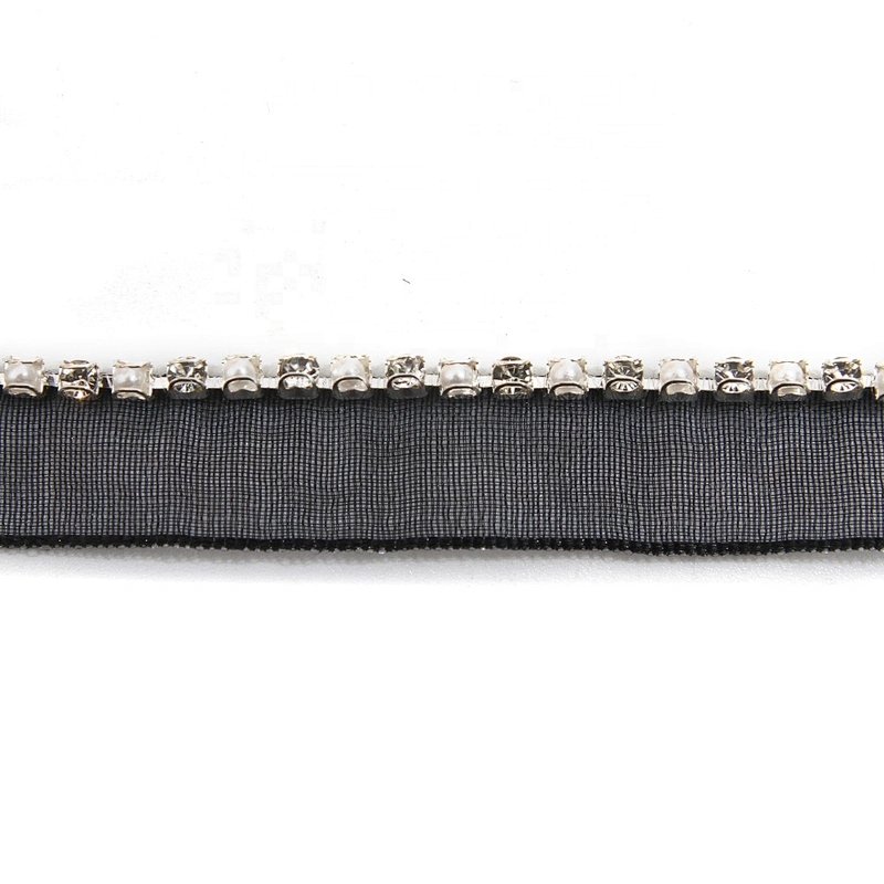 Wholesale Chain lace trim pearl rhinestone 1.1 cm Sew-On lace trim Polyester net mesh Lace trimmings for clothes  Accessories
