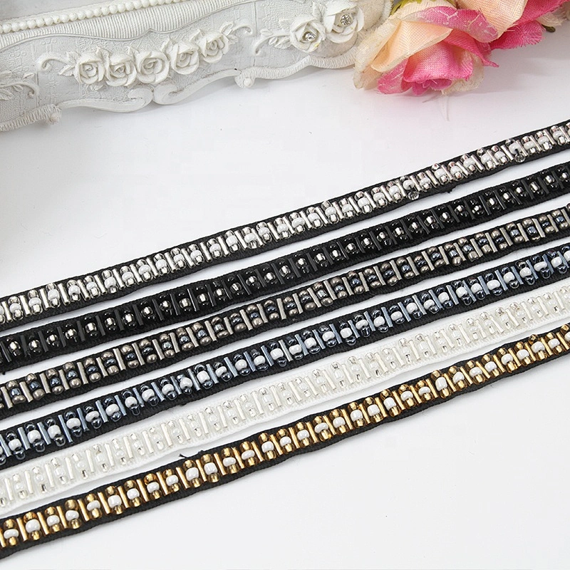Designer material rhinestone glass beaded lace trim mix color lace embroidery beaded lace trim