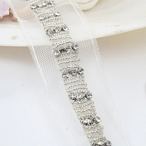 Hand Embroidered kavatar Tulle Trim with Accessories Beads, Crystals & Rhinestones