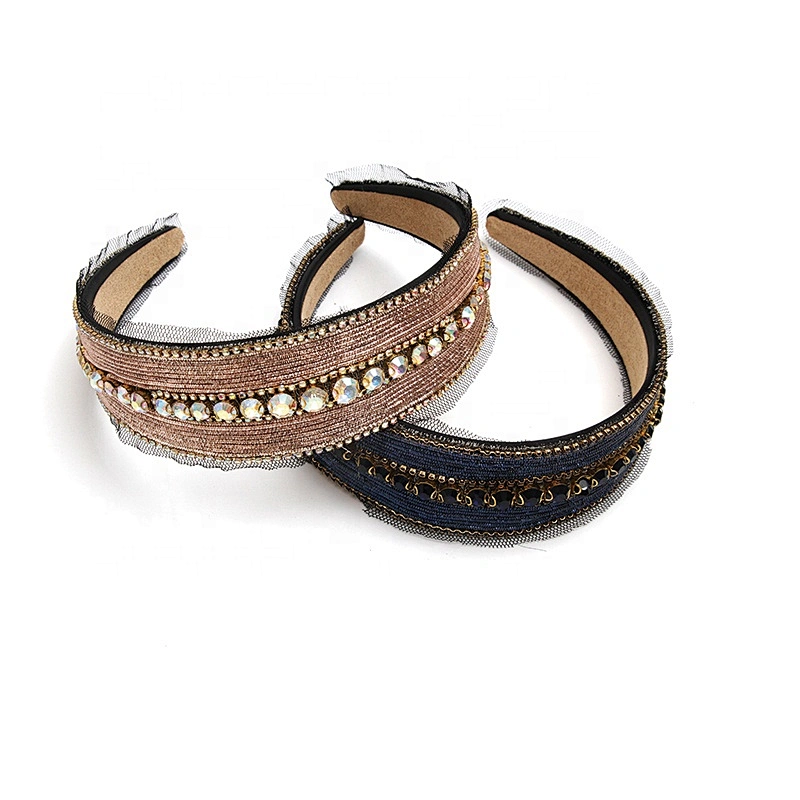 Multi Color Lux Velour Crystal And Rhinestone Cup chain Decorated women Headbands Adult headband