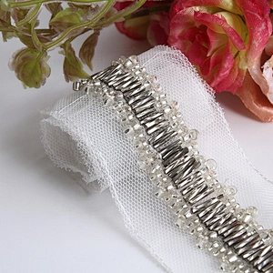 Fancy lace trim customize color glass tube lace beaded rhinestone lace trim