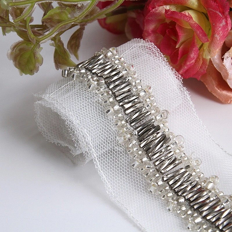Fancy lace trim customize color glass tube lace beaded rhinestone lace trim