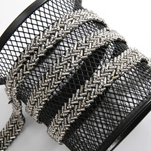 Hot sale sliver crytstal beaded trim mesh rhinestones ribbon fabric DIY wedding lace trim