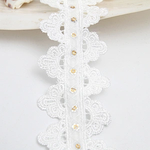 Wholesale sequins Lace Trim Water soluble lace white bridal lace trim Embroidery Sequin Tape For Dress cheap