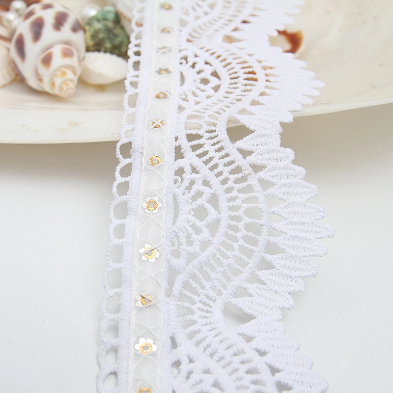 Wholesale sequins Lace Trim Water soluble lace white bridal lace trim Embroidery Sequin Tape For Dress cheap