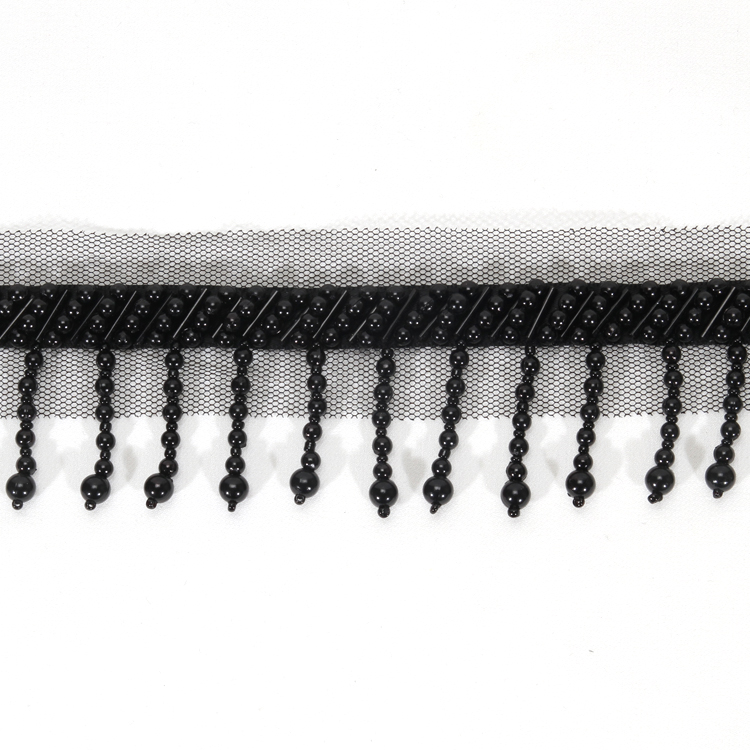 Black 4.5cm Short Plastic Beads Fringe Trim with Mesh Lace Border Backing
