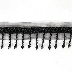 Black 4.5cm Short Plastic Beads Fringe Trim with Mesh Lace Border Backing