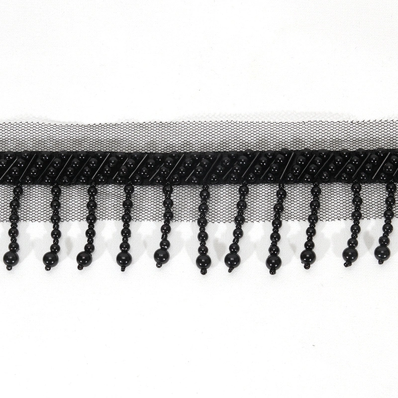 Black 4.5cm Short Plastic Beads Fringe Trim with Mesh Lace Border Backing