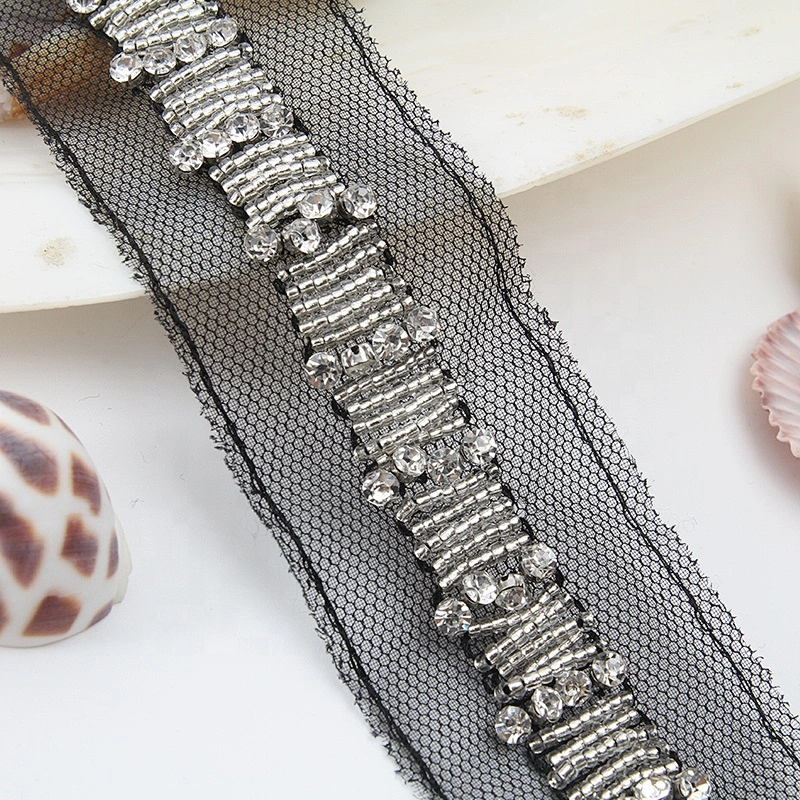 Hand Embroidered kavatar Tulle Trim with Accessories Beads, Crystals & Rhinestones