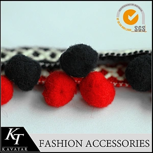 Red cotton pompom fringe trim for garments decoration