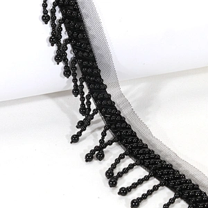 Black 4.5cm Short Plastic Beads Fringe Trim with Mesh Lace Border Backing