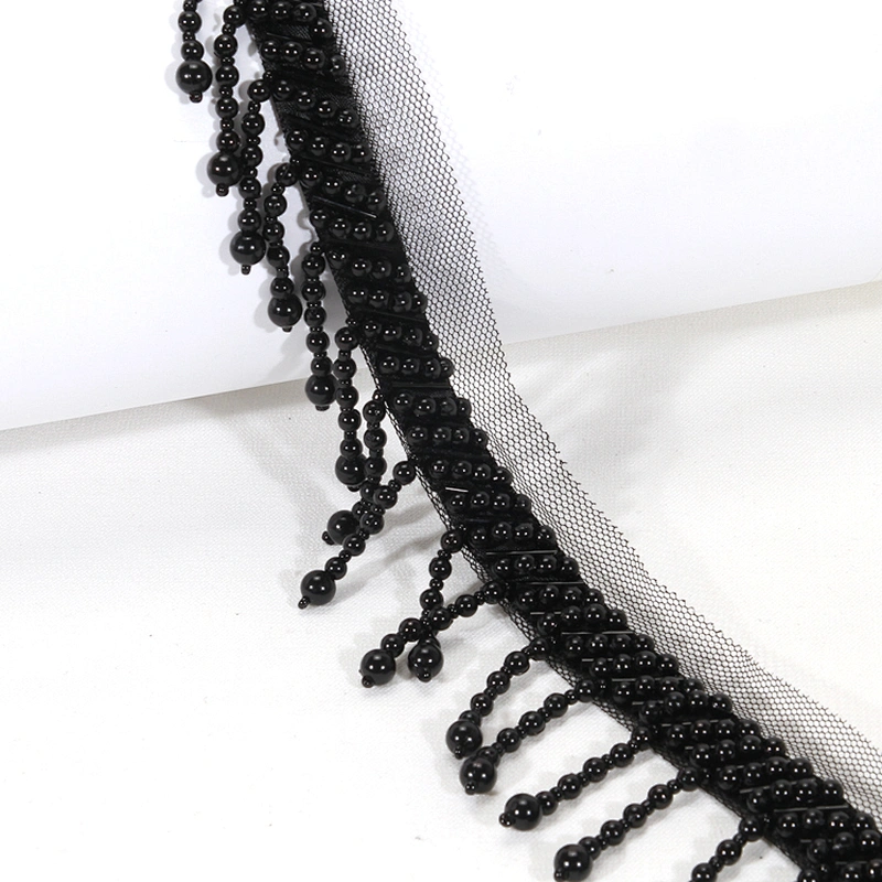 Black 4.5cm Short Plastic Beads Fringe Trim with Mesh Lace Border Backing