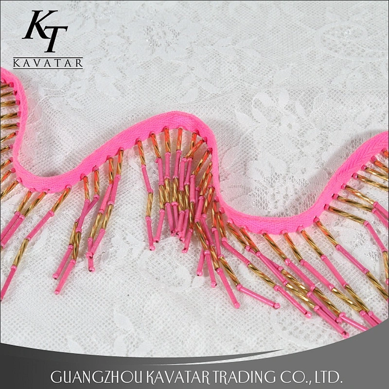 High quality 7.5cm Width Pink Beaded Fringe Tassel Trim For Decoration