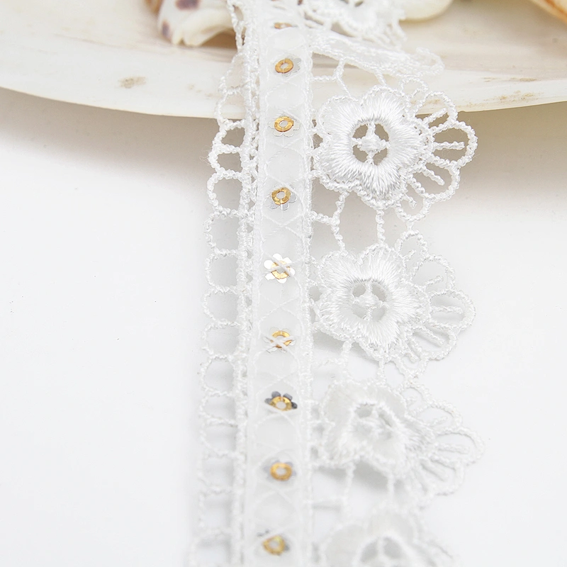 Wholesale sequins Lace Trim Water soluble lace white bridal lace trim Embroidery Sequin Tape For Dress cheap
