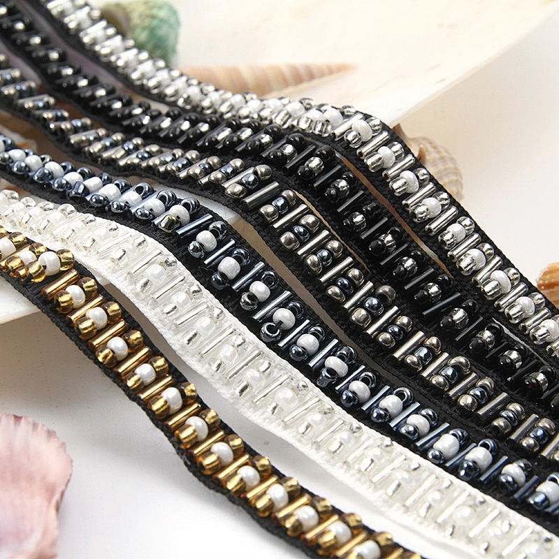 Designer material rhinestone glass beaded lace trim mix color lace embroidery beaded lace trim