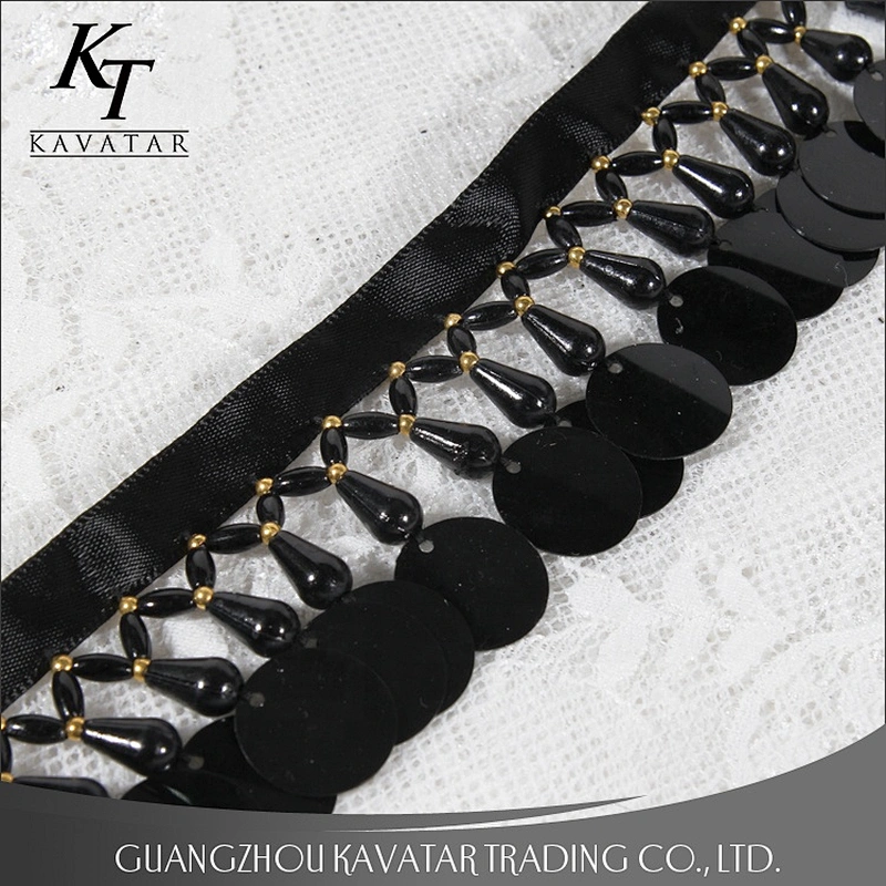 Kavatar Black Plastic Beaded Tassel Fringe Garment Sequin Fringe Decorative For Dance Dress
