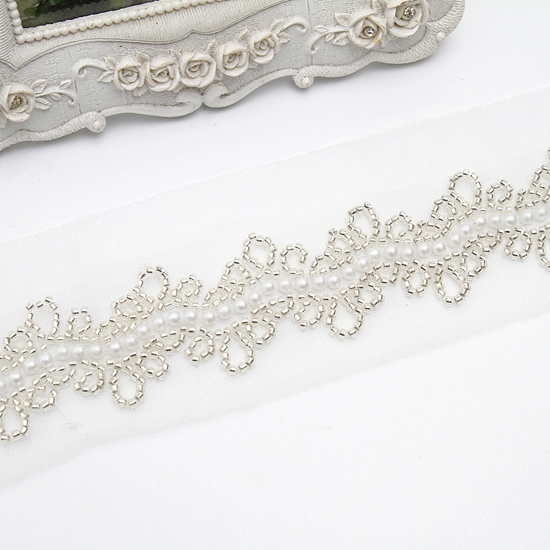 Wholesale Embroidery beaded lace trim 6.5 cm Mesh fabric lace trims beautiful White Accessories for dress 3D wedding Designer
