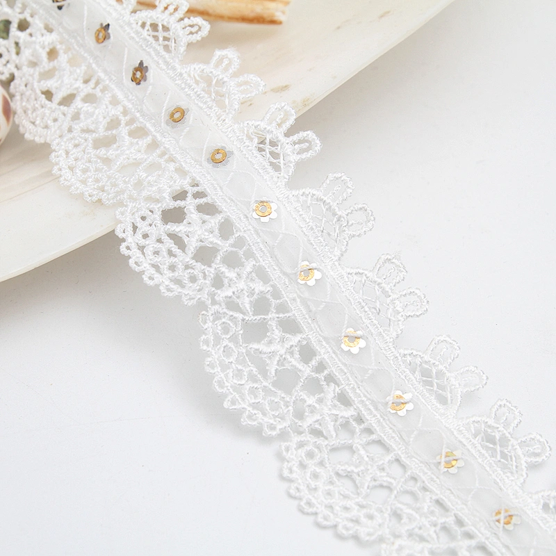 Wholesale sequins Lace Trim Water soluble lace white bridal lace trim Embroidery Sequin Tape For Dress cheap
