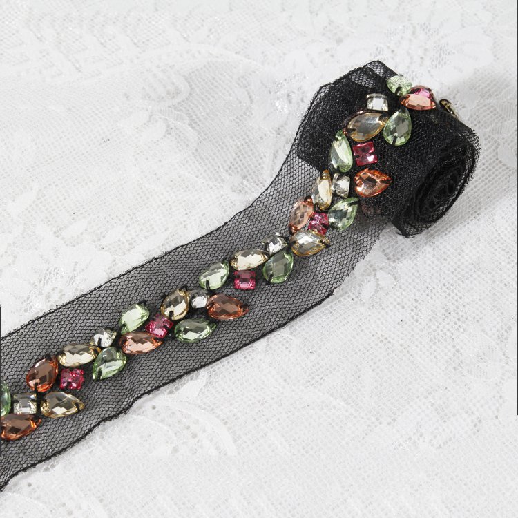 Multi-Colored Beaded Lace Trim, Rhinestone Beaded Trim Lace Tape, Beaded Trim On Mesh