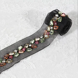 Multi-Colored Beaded Lace Trim, Rhinestone Beaded Trim Lace Tape, Beaded Trim On Mesh