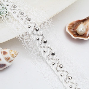 Wholesale Chain lace trim rhinestone 4 cm Sew-On lace trim Polyester net mesh Lace trimmings wedding for clothes  Accessories
